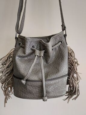 Forever 21 Gray Fringe Drawstring Crossbody Bucket Bag